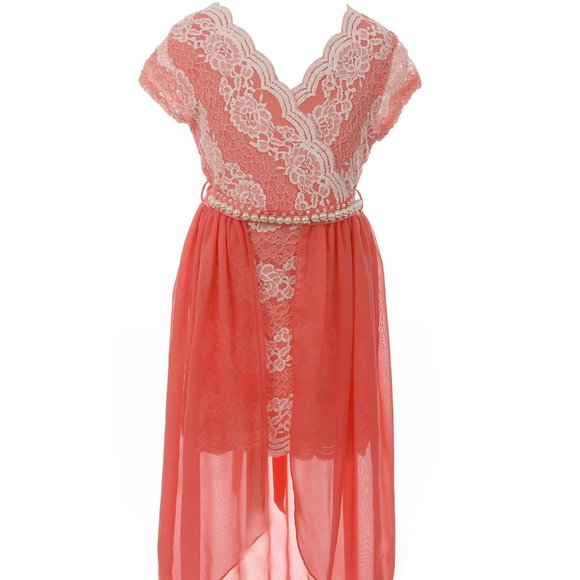 Girls Floral Lace Chiffon Pearl Birthday Holiday Party Flower Girl Dress Coral - Picture 1 of 5